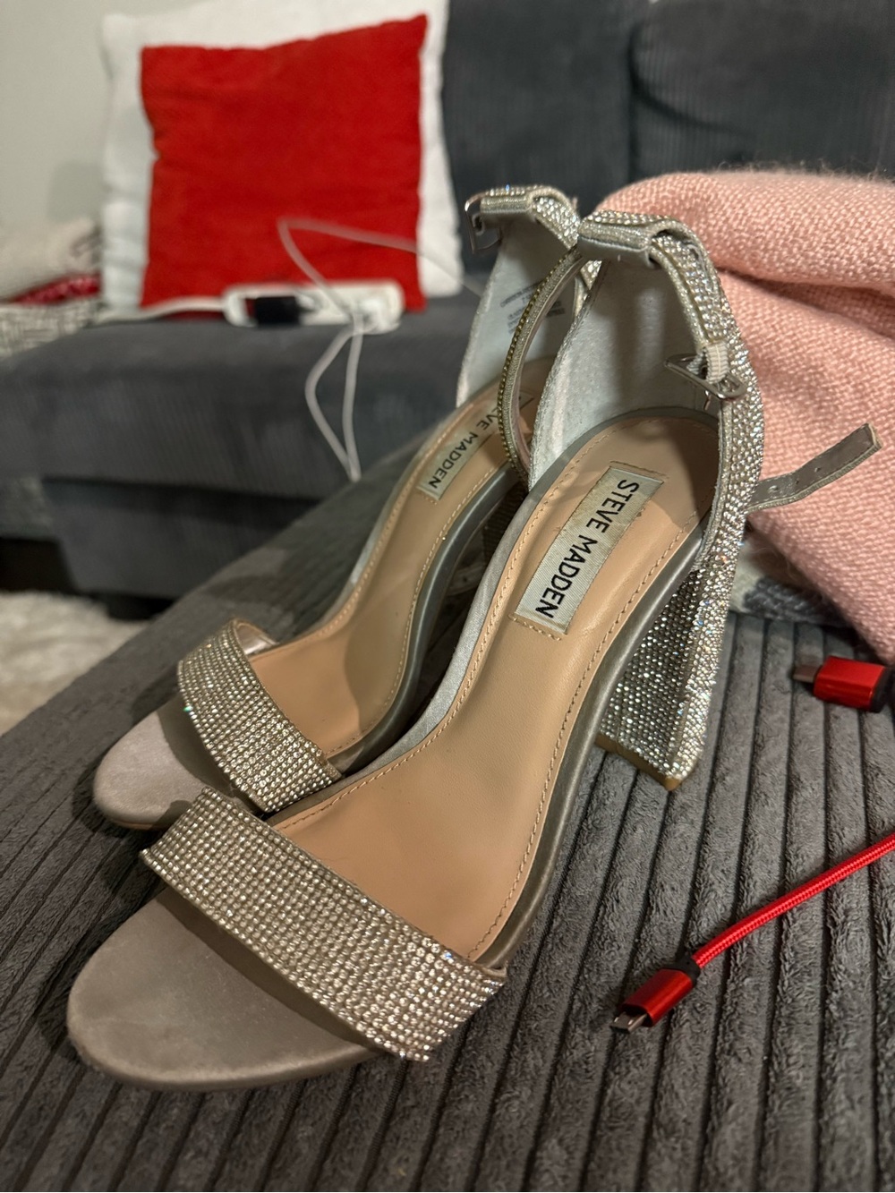 Steve Madden Silver Crystal Block Heel Sandals